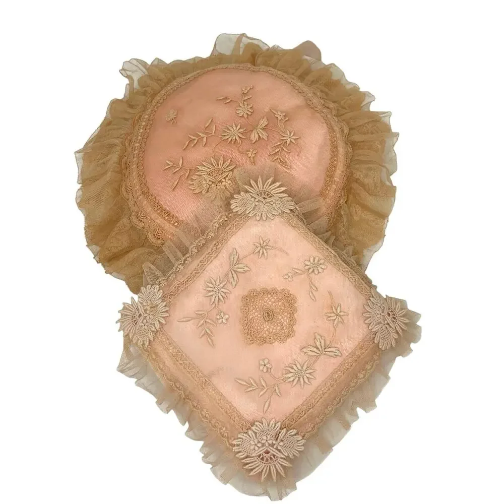 vintage French country Victorian lace detailed embroidery ruffled edges pillows